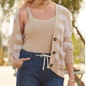 Evereve Oatmeal Striped Tan Kiki Cardigan Sweater